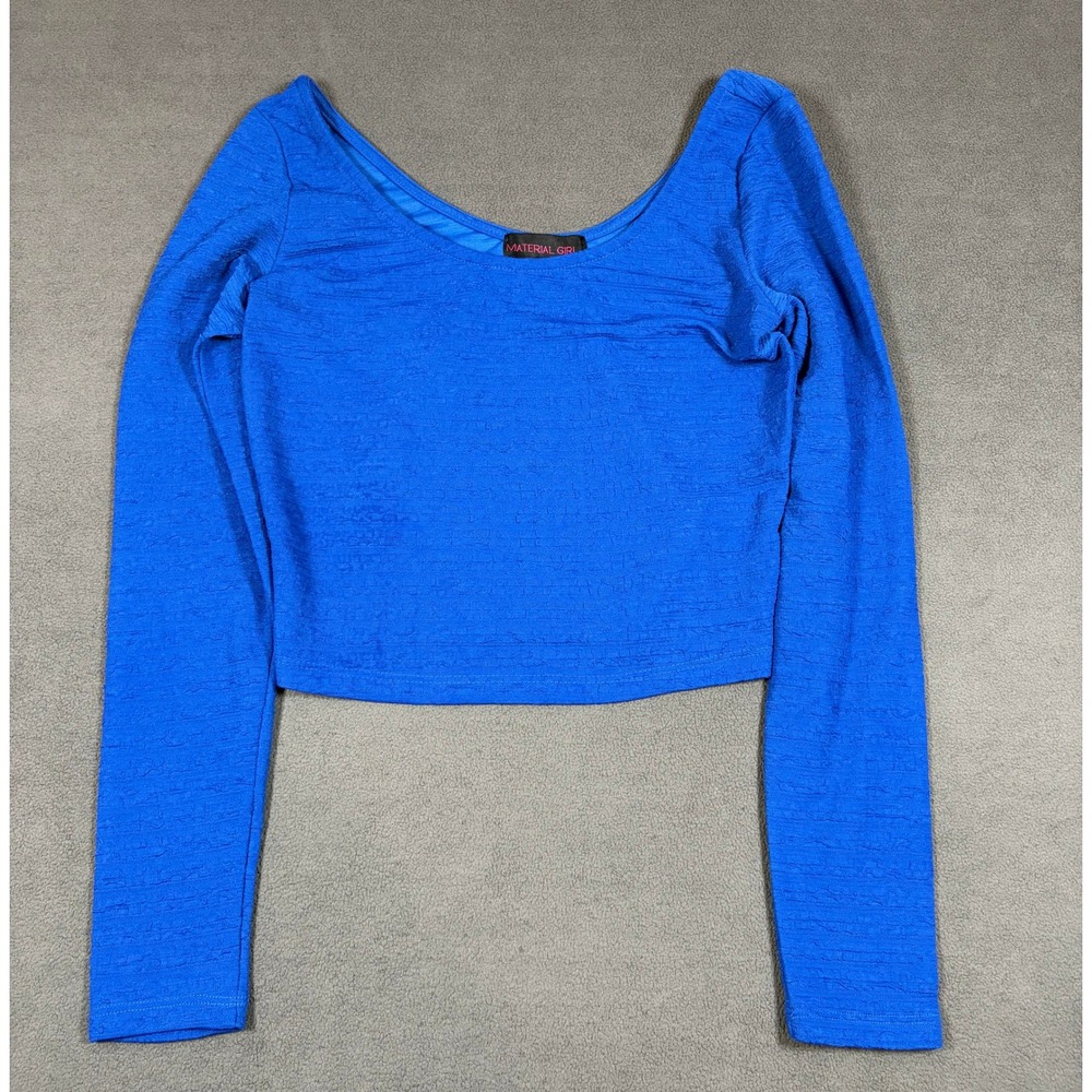 Material Girl Crop Top Womens Small Blue Long Sleeve Textured Scoop Neck